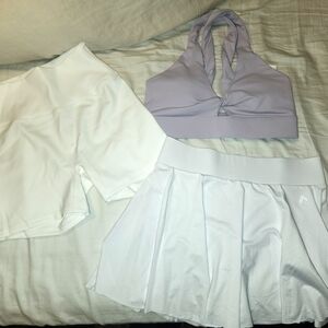 White Tennis Skirt and Shorts with Lavender Sports Bra